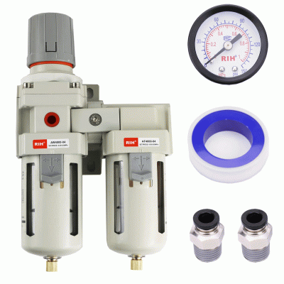 RIH Pneumatics 1/2" NPT Compressed Air Filter Regulator Lubricator Combo Water/Oil Trap Separator - Gauge(0-150 psi), Semi-Auto Drain, Poly Bowl,Bracket - 3 in 1 Two Unit (1/2" NPT)